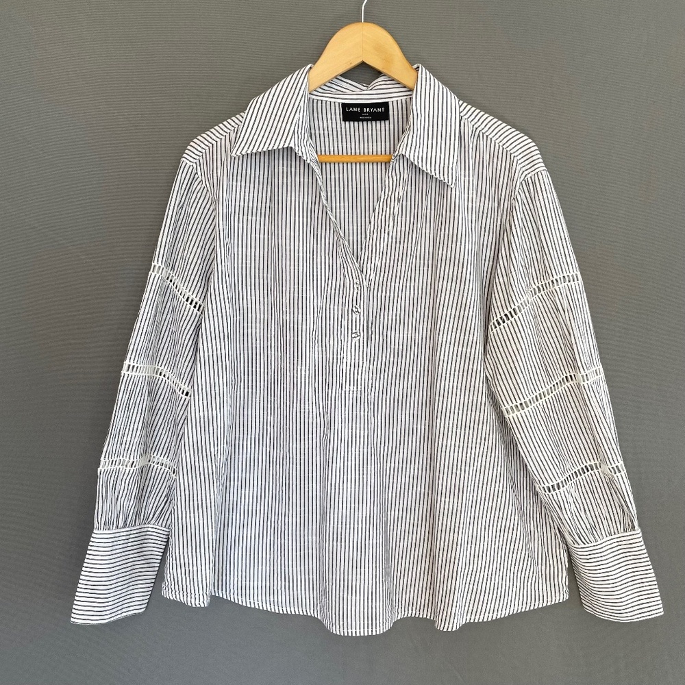 LANE BRYANT Size 14/16 Split Neck Striped Peasant Style Blouse 100% Cotton